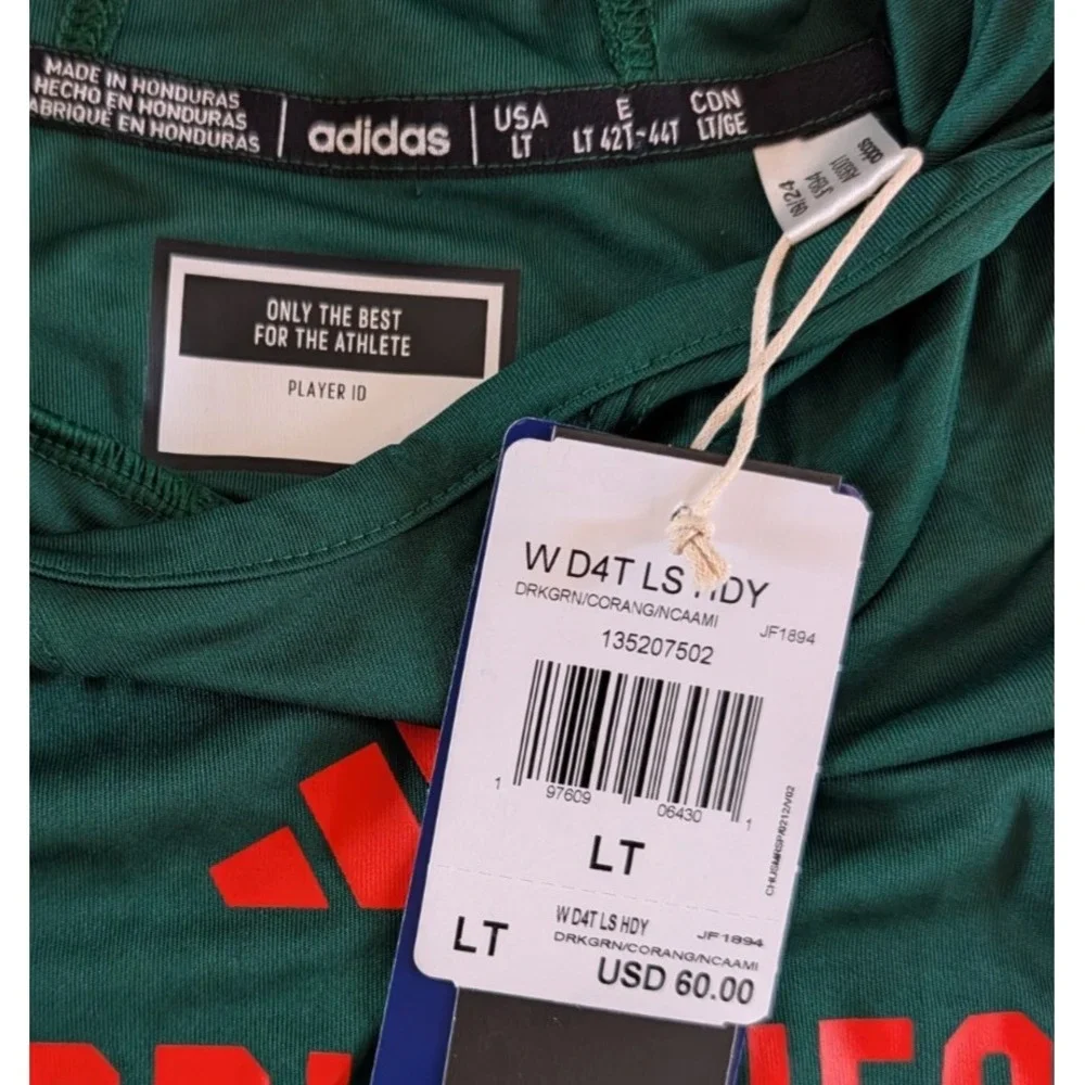 Adidas Miami Hurricanes Men's Large Tall Lightweight Hoodie Sweatshirt Green NWT